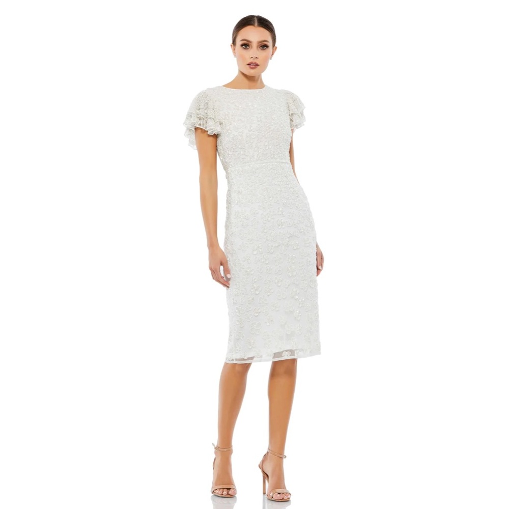 NWT Mac Duggal Flounce Sleeve Midi White Dress